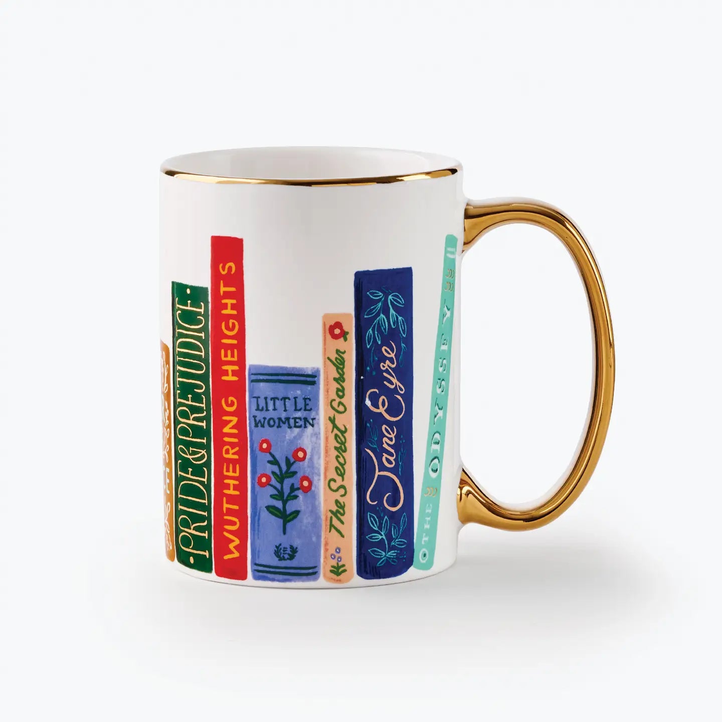 Mug with book title designs by Rifle Paper Co.