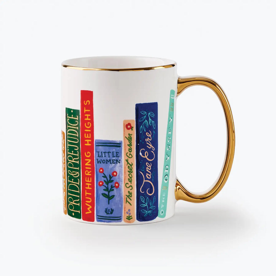 Collection of books, a mug, honey sticks, tea, and a bookmark on a white background