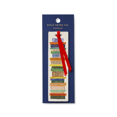 Colorful bookmark with text on a blue card by Rifle Paper Co.