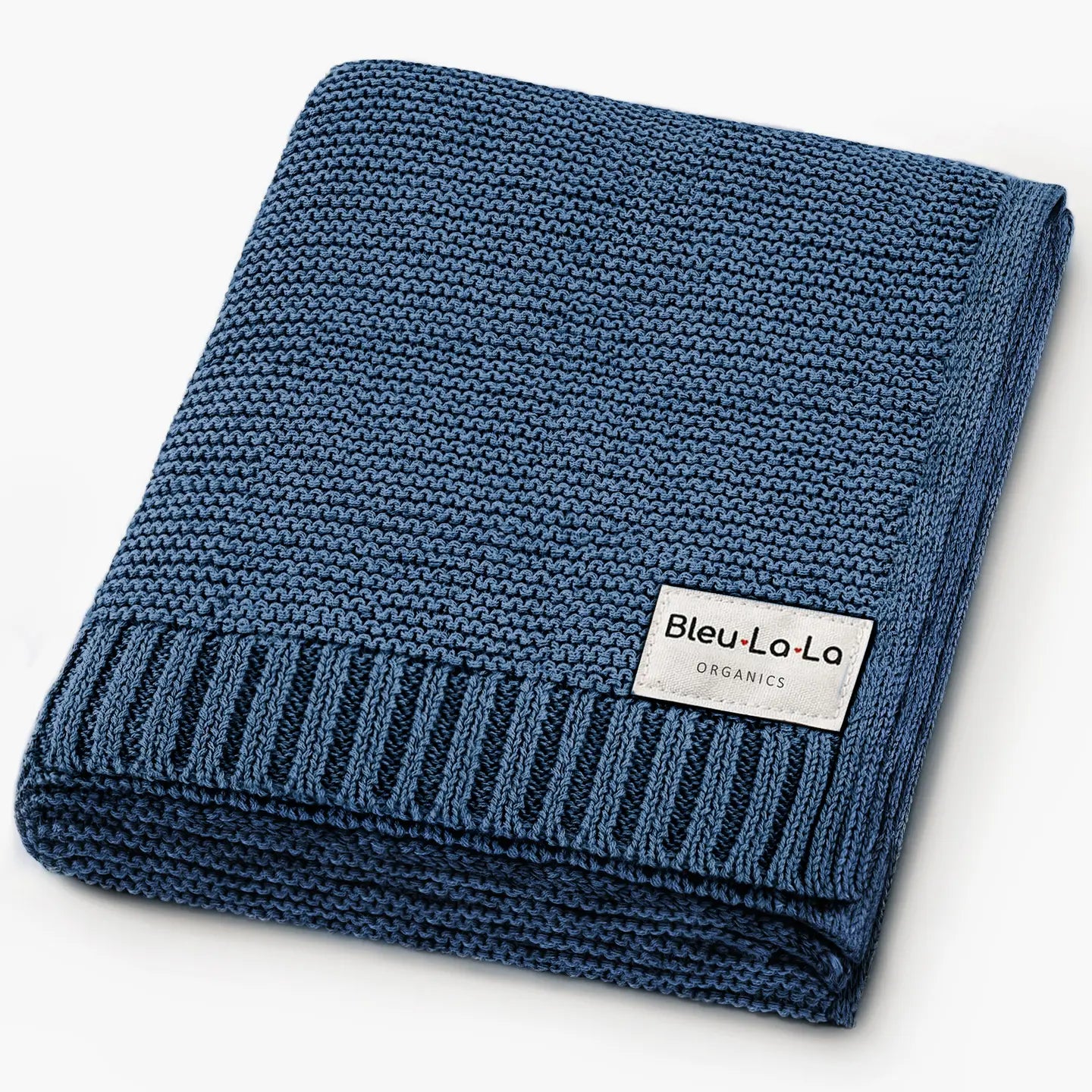 Blue knitted blanket with a 'Bleu La La' label on a white background
