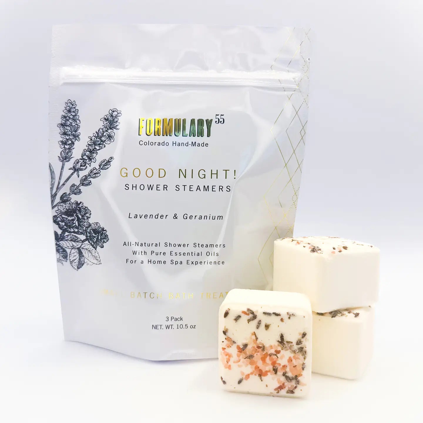 Pack of Formulary 55 Good Night! Shower Steamers with two individual steamers on a light gray background
