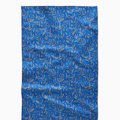 Blue kitchen towel with gold hanukkah leaves