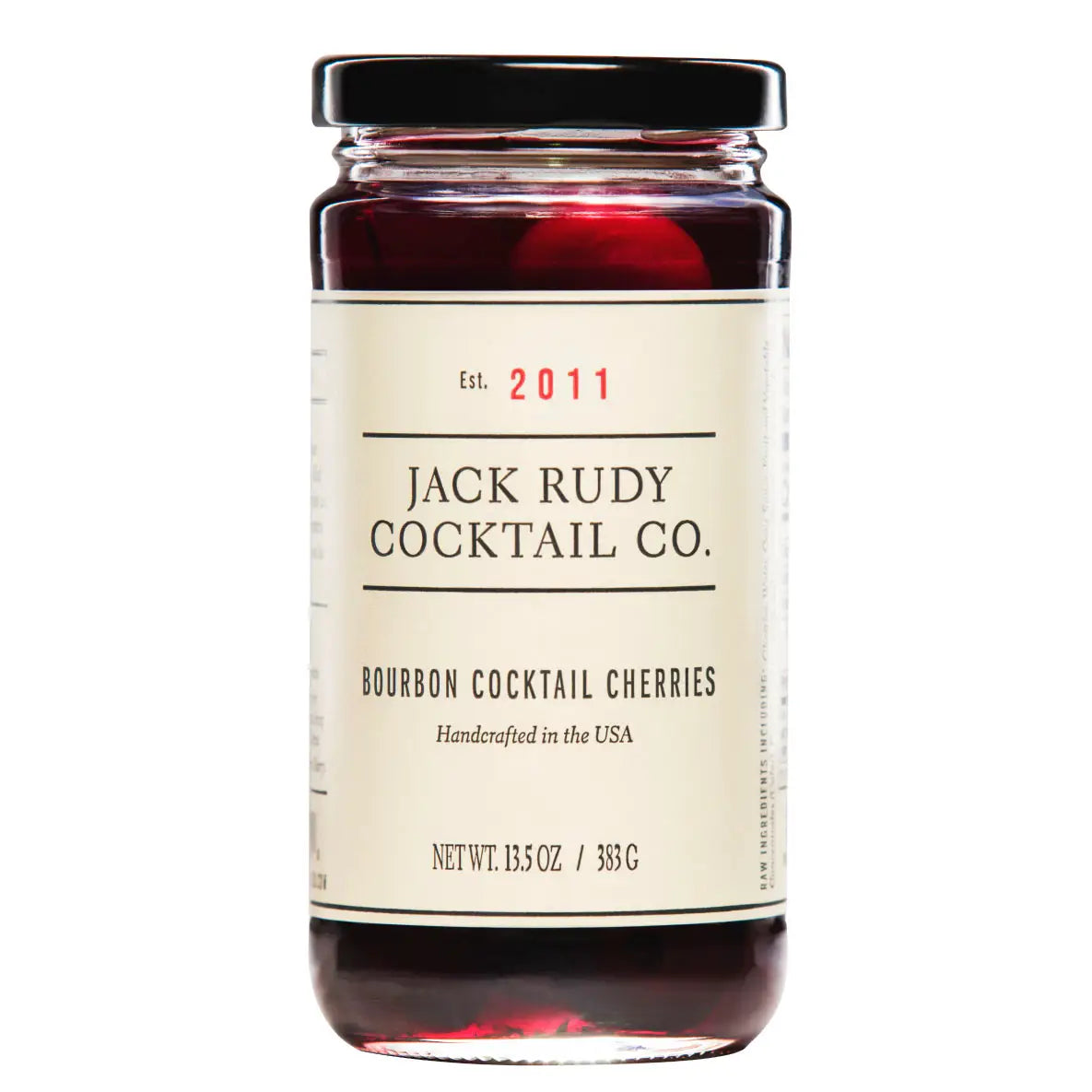 Jar of Jack Rudy Cocktail Co. bourbon cocktail cherries on a white background