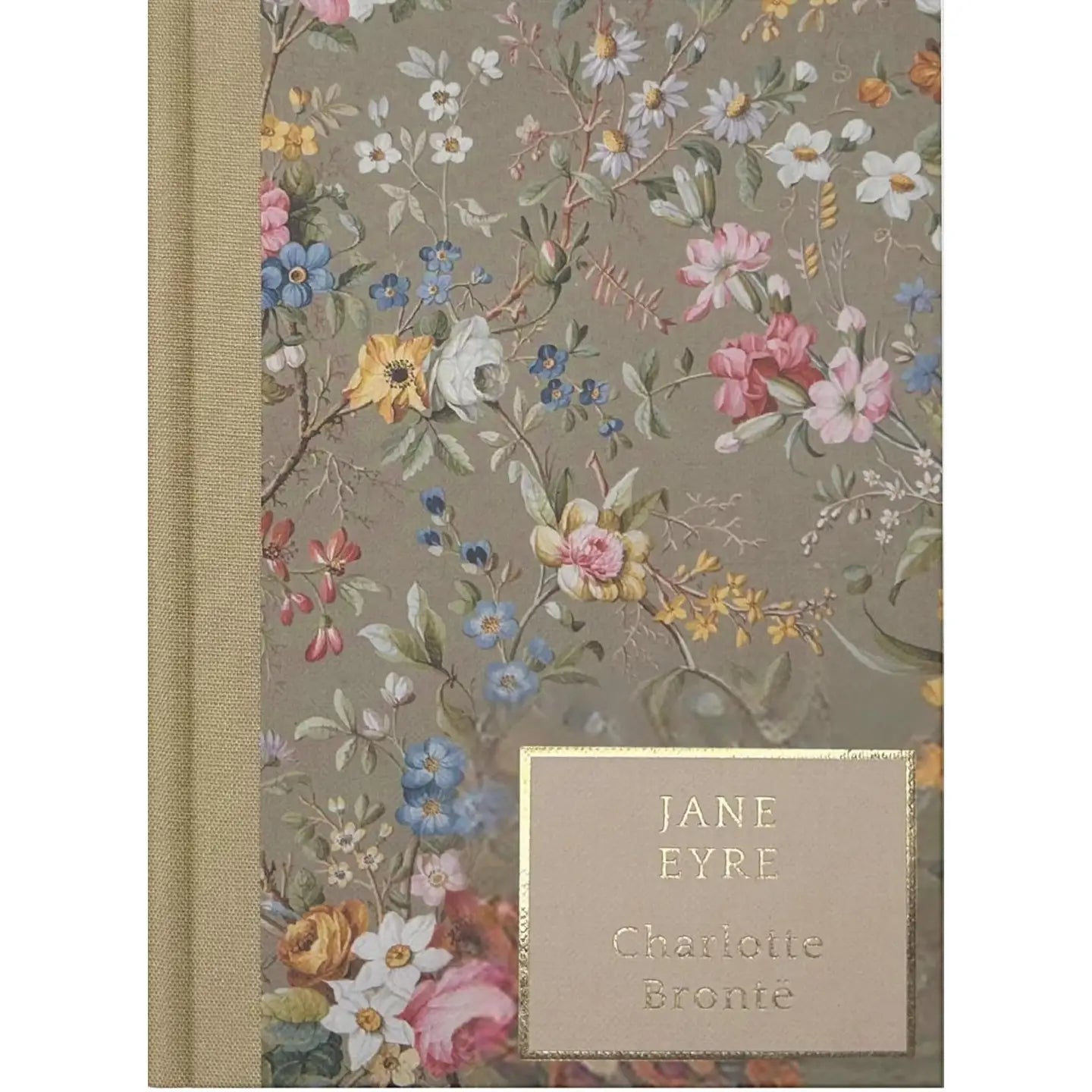Floral-patterned book with 'Jane Eyre' by Charlotte Bronte on a beige background