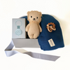 Baby gift set with cuddle+kind lion, blue knitted blanket, hatch sound machine and silicone teether