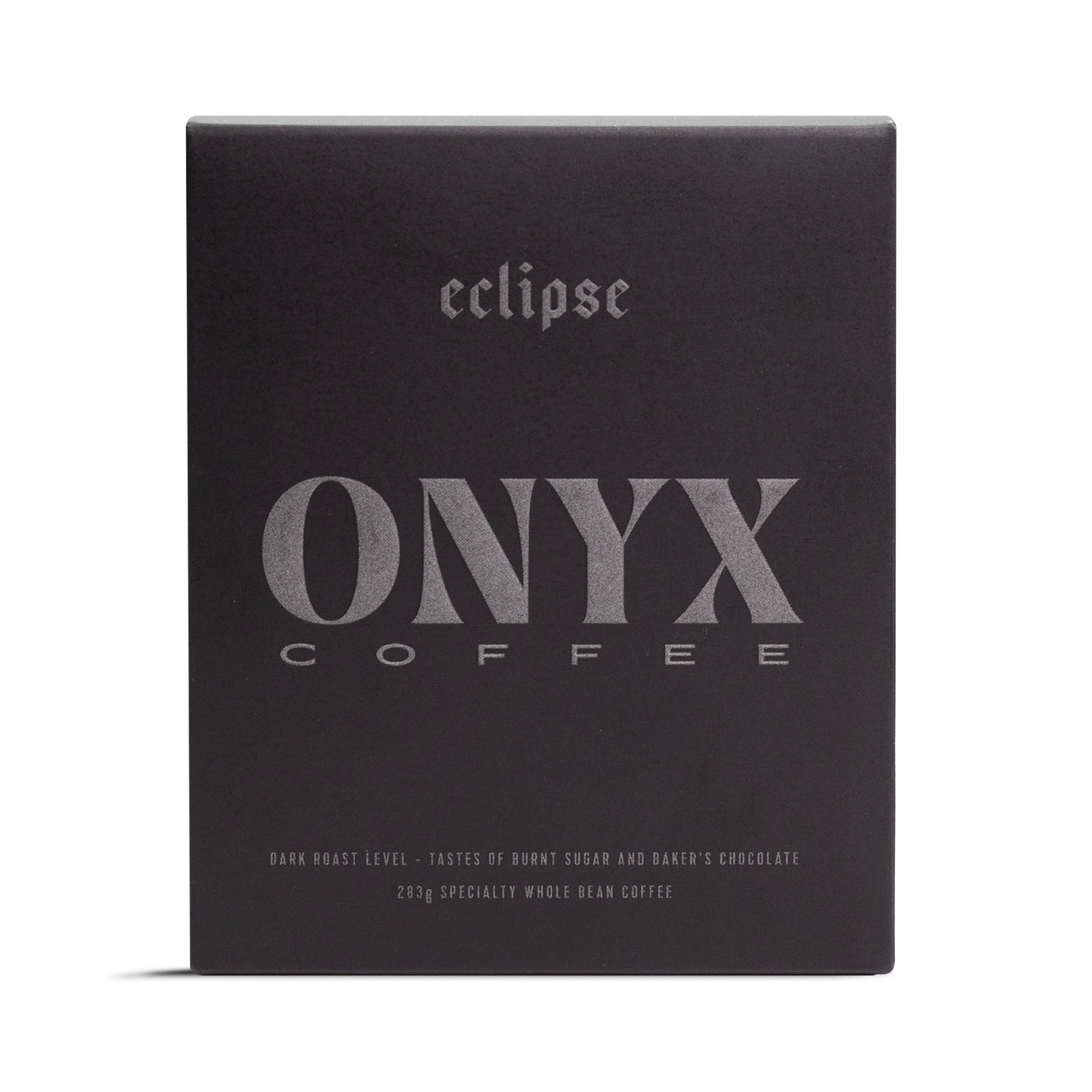 Gift box with a black matte finish and the text 'Onyx Coffee' prominently displayed, indicating a dark roast coffee selection.