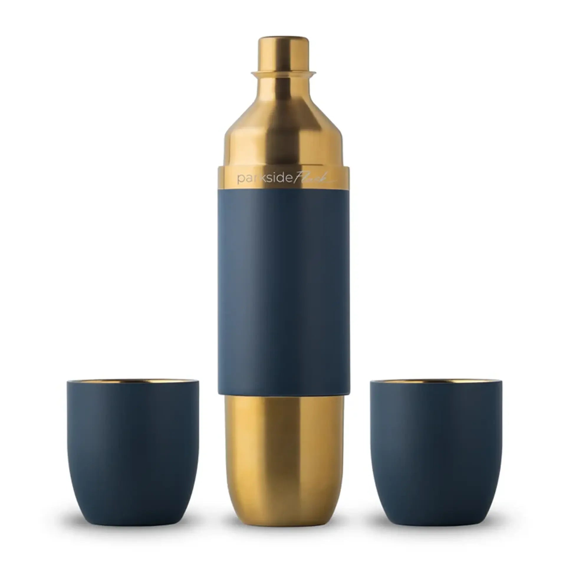 Blue wine flask with two cups