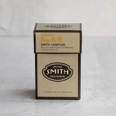 Tea sampler box with 'Steven Smith Teamaker' branding on a light gray background