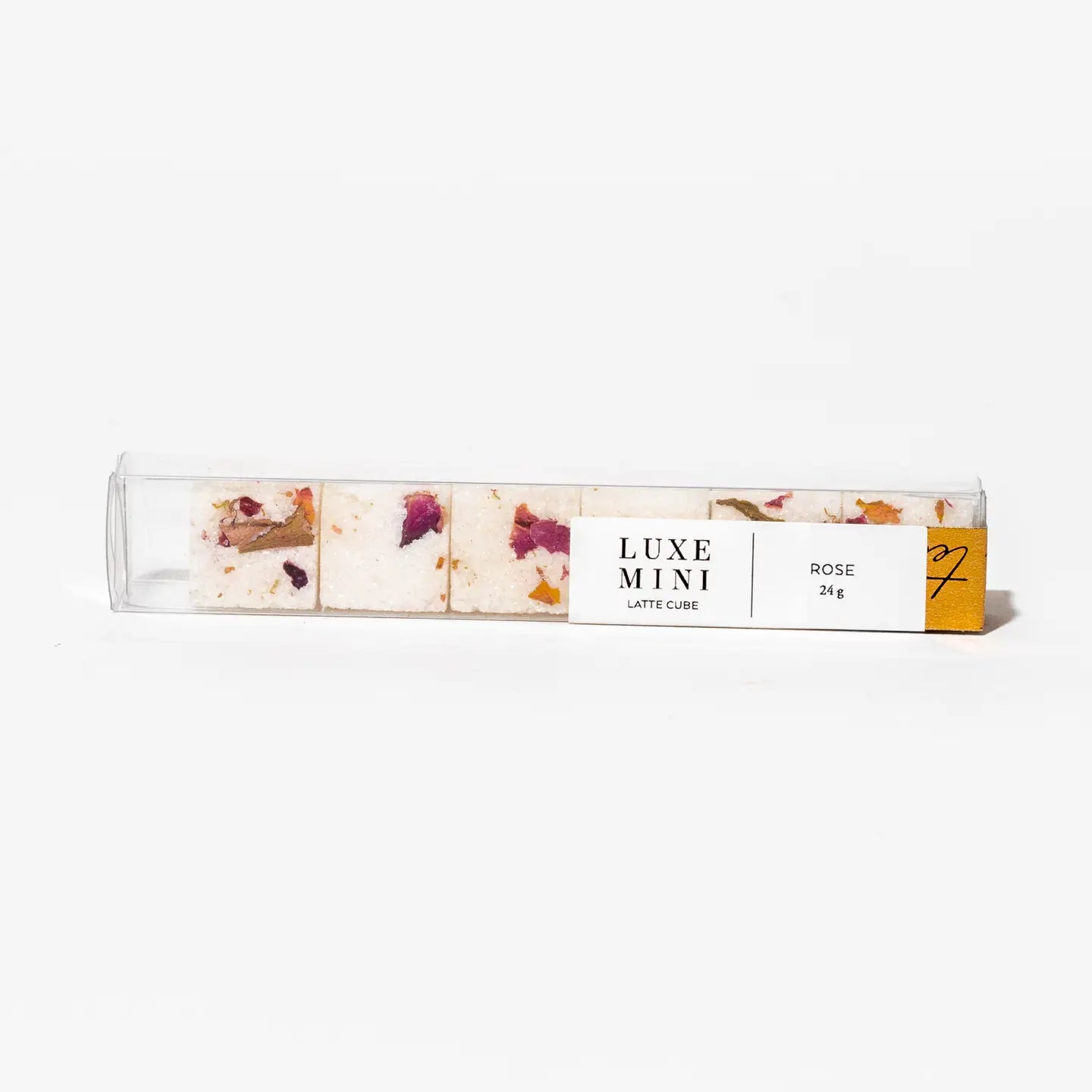 Luxe Mini latte cube with rose flavor packaging on a white background