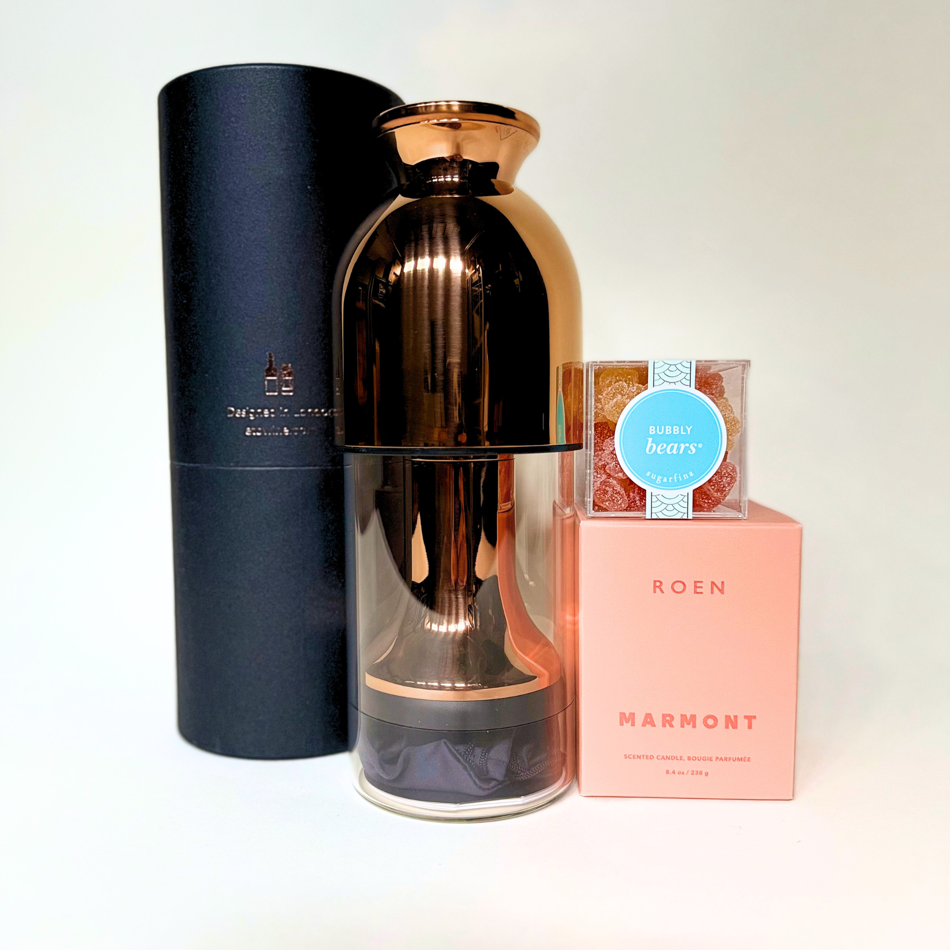 eto wine decanter, ROEN marmont candle, sugarfina bubbly bears