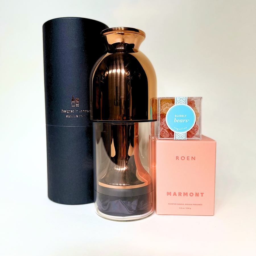 eto wine decanter, ROEN marmont candle, sugarfina bubbly bears