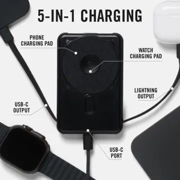 Black charging pad with labeled features on a white background