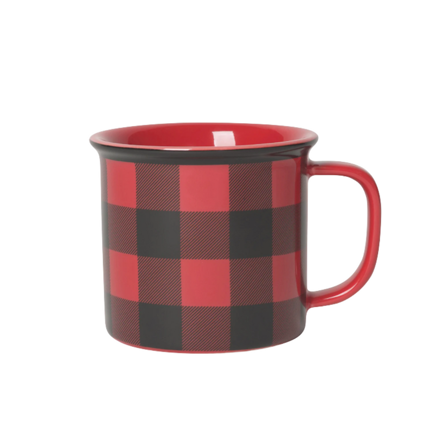 Cozy Fireside Gift Box with candle, plaid mug, wick trimmer, and hot chocolate packet.